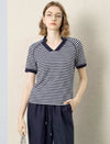 Navy White Stripe Notched V-Neck Raglan Short Sleeve Tee