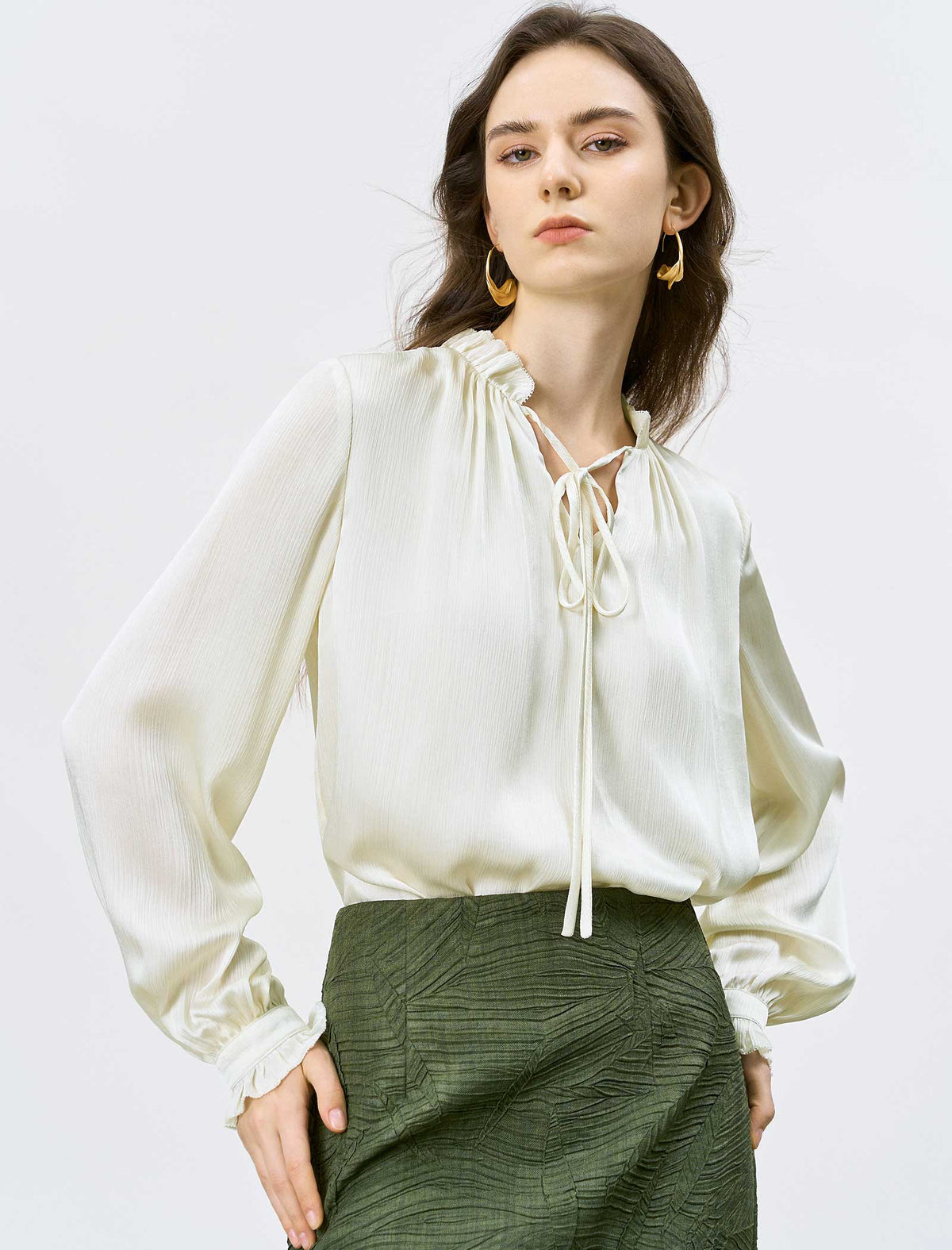 Ivory Ruffled Tie-Neck Blouse