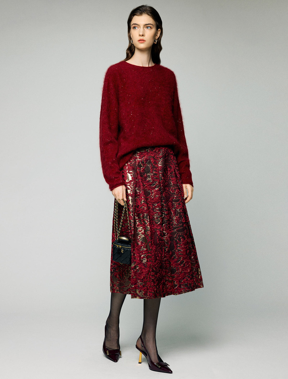 Metallic Floral High-Waist A-Line Midi Skirt