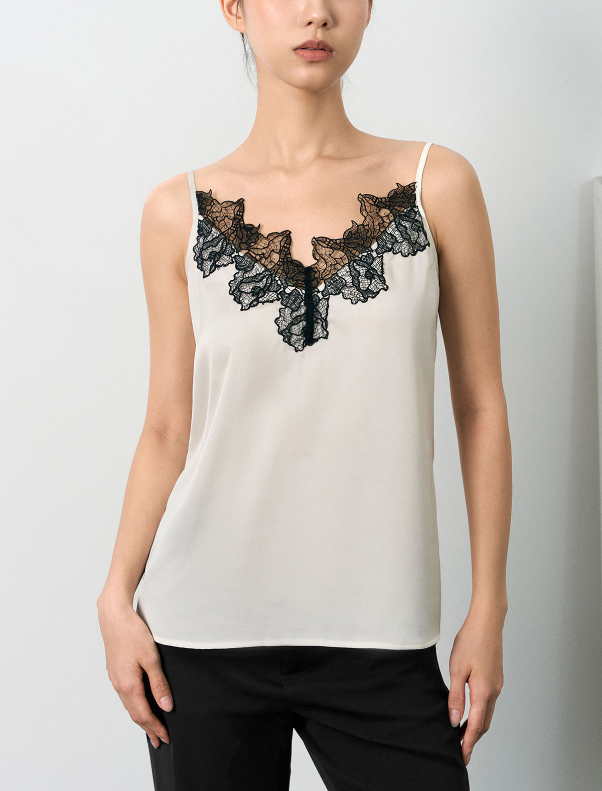 Ivory Satin Black Lace Trim Camisole