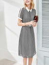Houndstooth Chiffon Contrast Collar Midi Shirt Dress