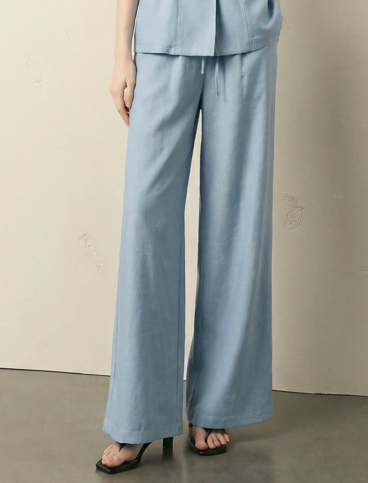 Light Blue Linen-Blend Wide Leg Pants