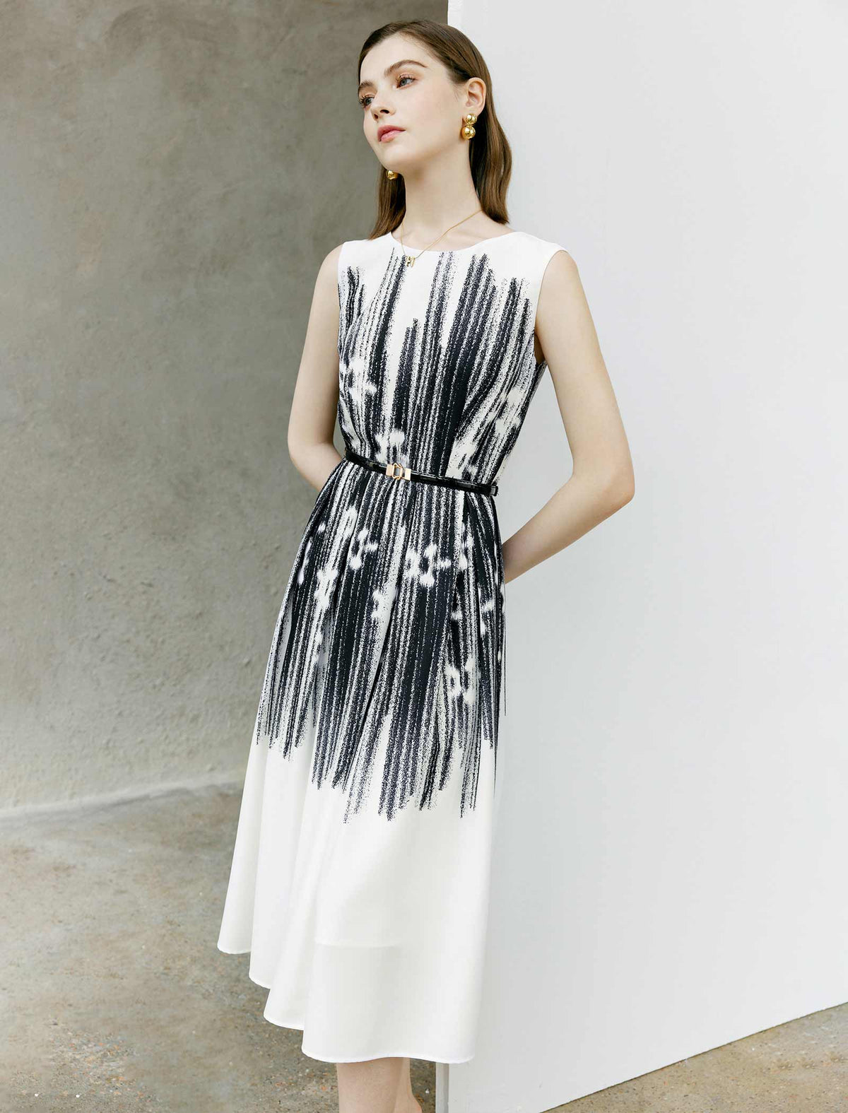 Printed Waist-Cinched Sleeveless Dress