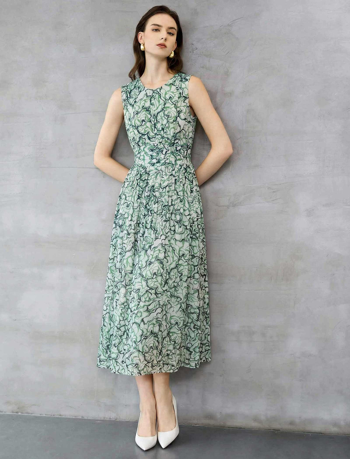 Sage Green Abstract Print Sleeveless Midi Dress