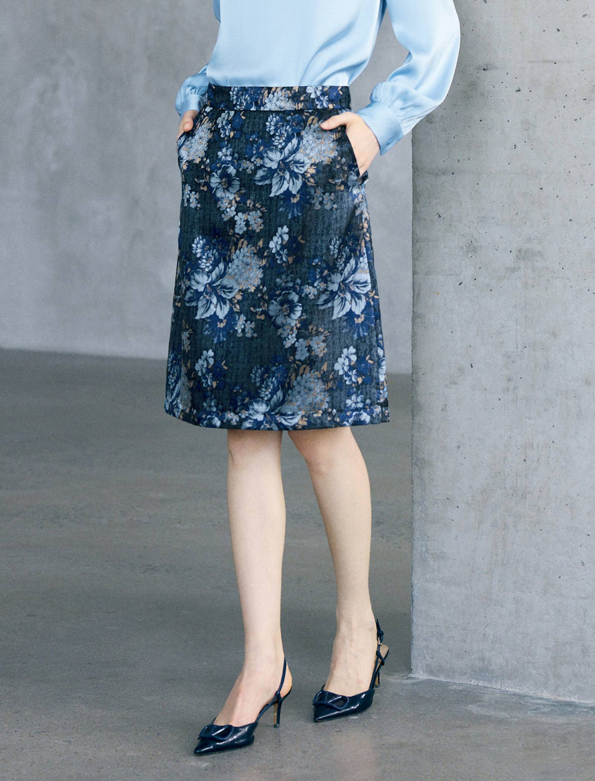 Vintage Floral Print Straight Knee-Length Skirt
