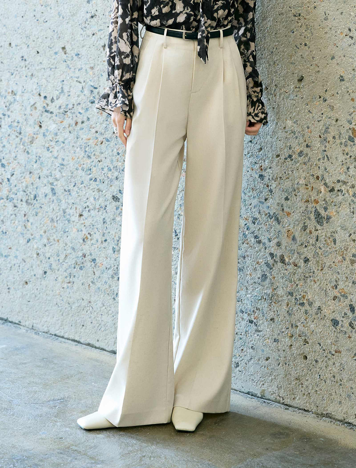 Beige High-Waisted Wide-Leg Trousers