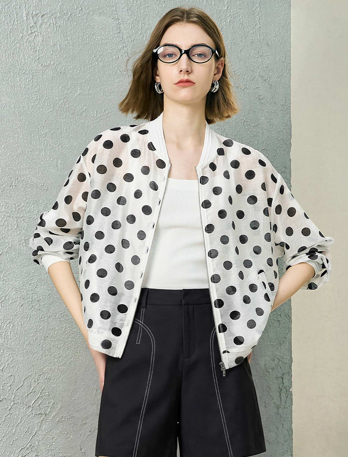 Tencel Linen Blend Polka Dot Sheer Bomber Jacket