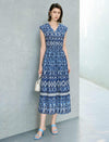 Blue Geometric Print V-Neck Sleeveless Waist Fitted Midi Dress