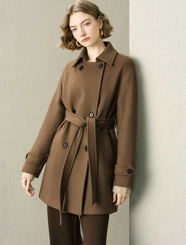Wool-Blend Double-Breasted Lapel Collar Belted Coat