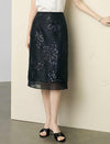 Black Sequin Floral Embroidery Mesh Midi Pencil Skirt