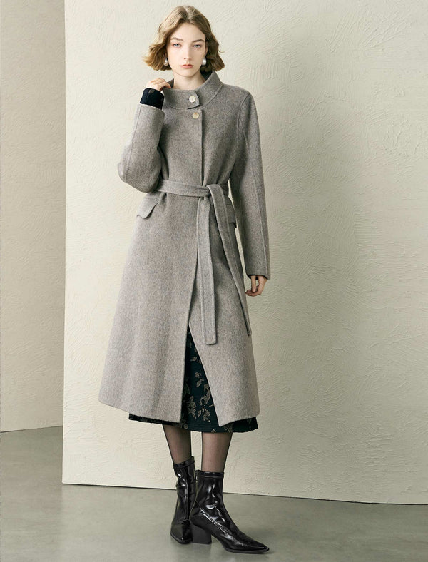 Wool-Blend Stand-Up Collar Belted Maxi Coat