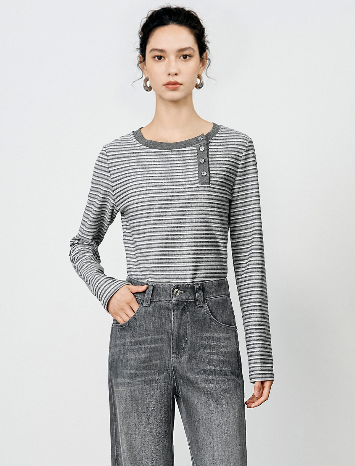 Side-Button Striped Long-Sleeve Knit Top