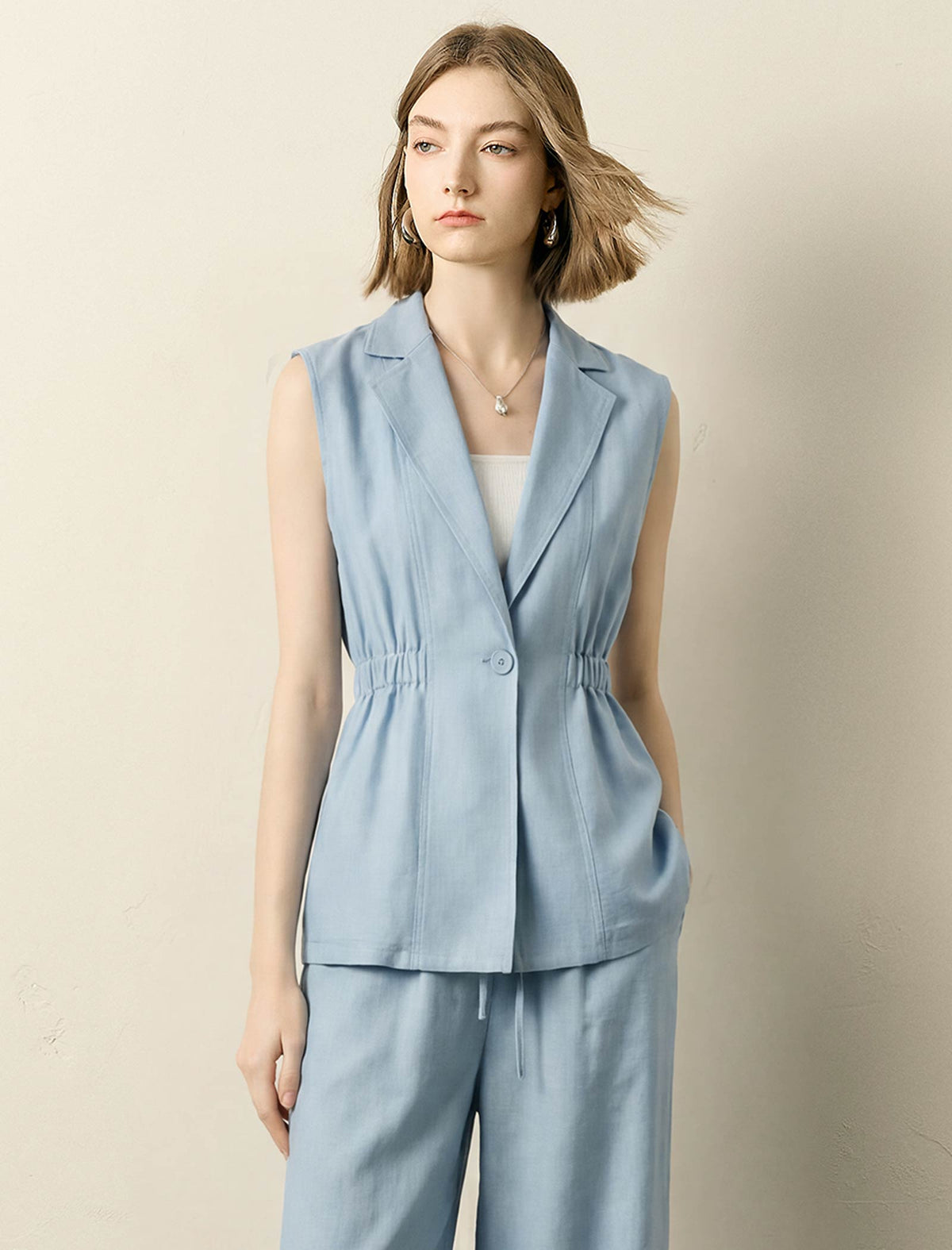 Light Blue Linen-Blend Cinched Waist Vest