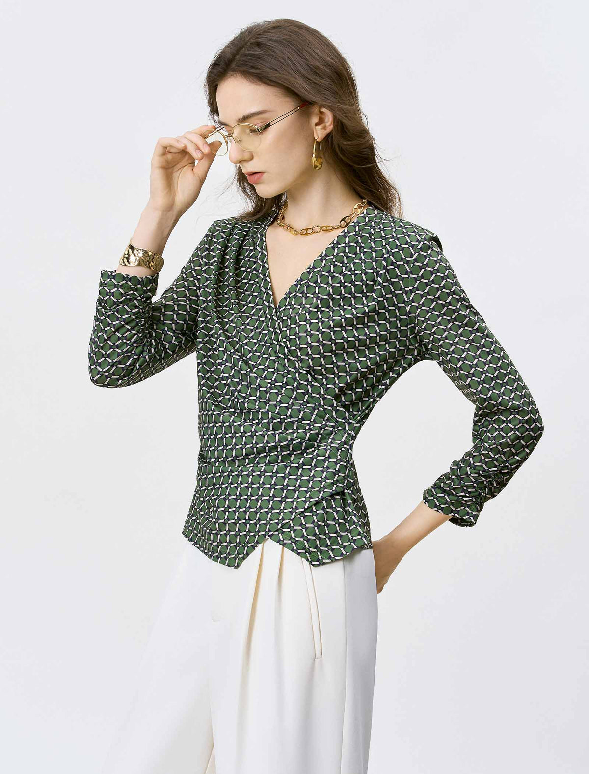 Green Geometric Print Wrap Blouse