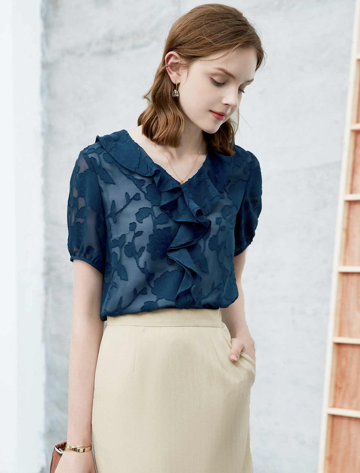 Lace Ruffle V-Neck Shirt