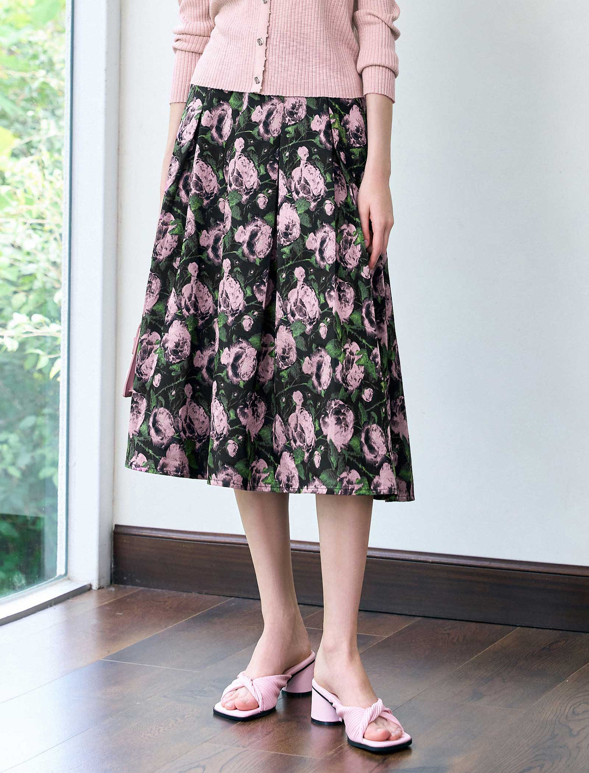 Vintage Rose Print Flare Midi Skirt