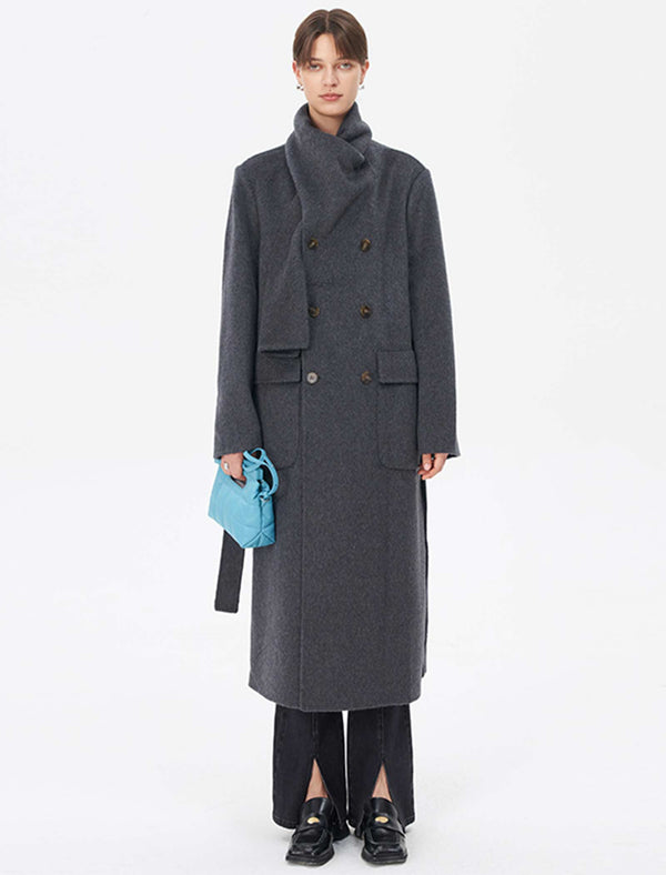 Wool-Rabbit-Alpaca Blend Double-Breasted Coat with Attached Scarf