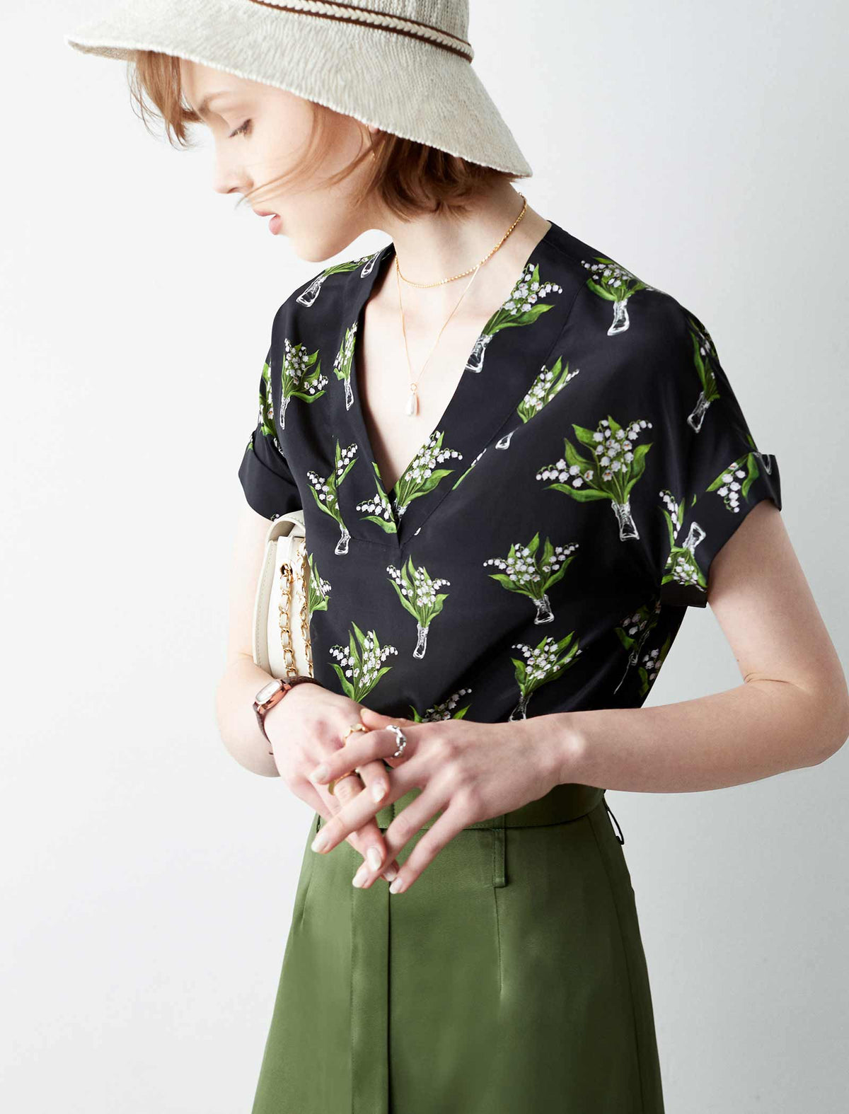 V-Neck Floral Silk Shirt