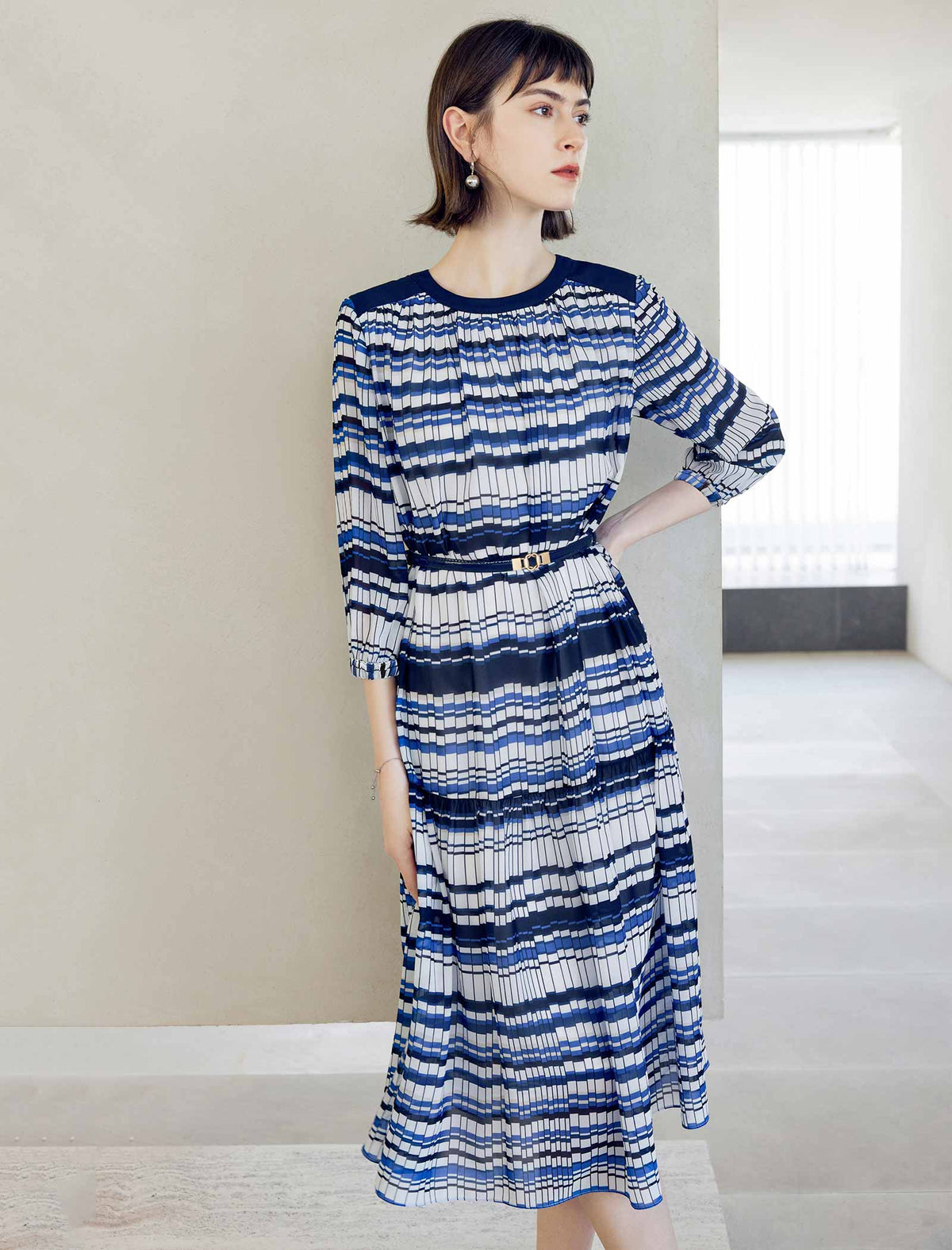 Blue Geometric Stripe 3/4 Sleeve Midi Dress