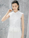 White Floral Lace Chinese Frog Button Sleeveless Vest Top