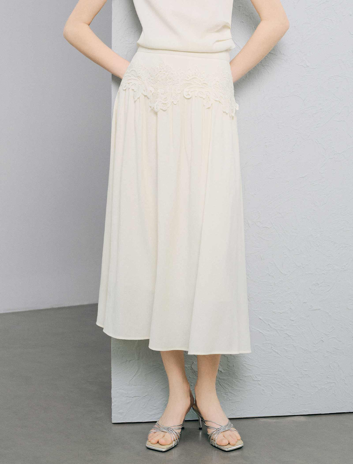 Ivory High Waist Lace Flowy Chiffon Midi Skirt