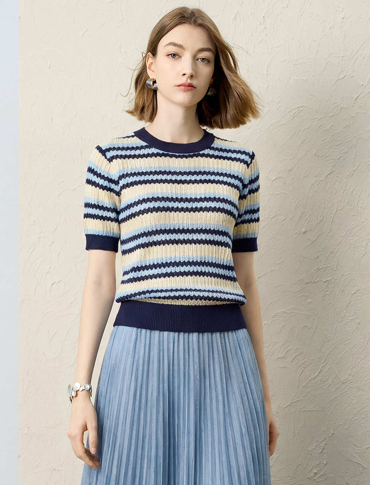 Tencel Striped Short-Sleeve Knit Top