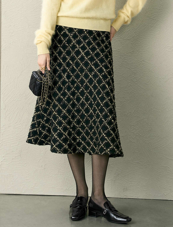 Tweed A-Line Check Midi Skirt
