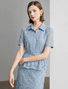 Light Blue Lace Peplum Button-Down Blouse