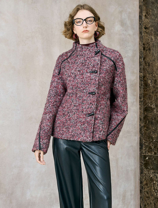 Wool-Blend Toggle Button Faux Leather Accents Jacket