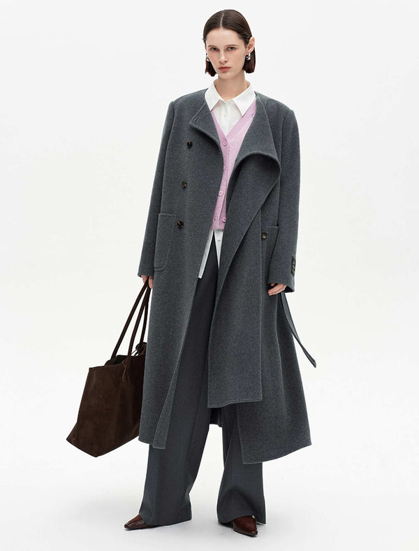 Wool-Rabbit-Alpaca Blend Double-Breasted Coat with Attached Scarf