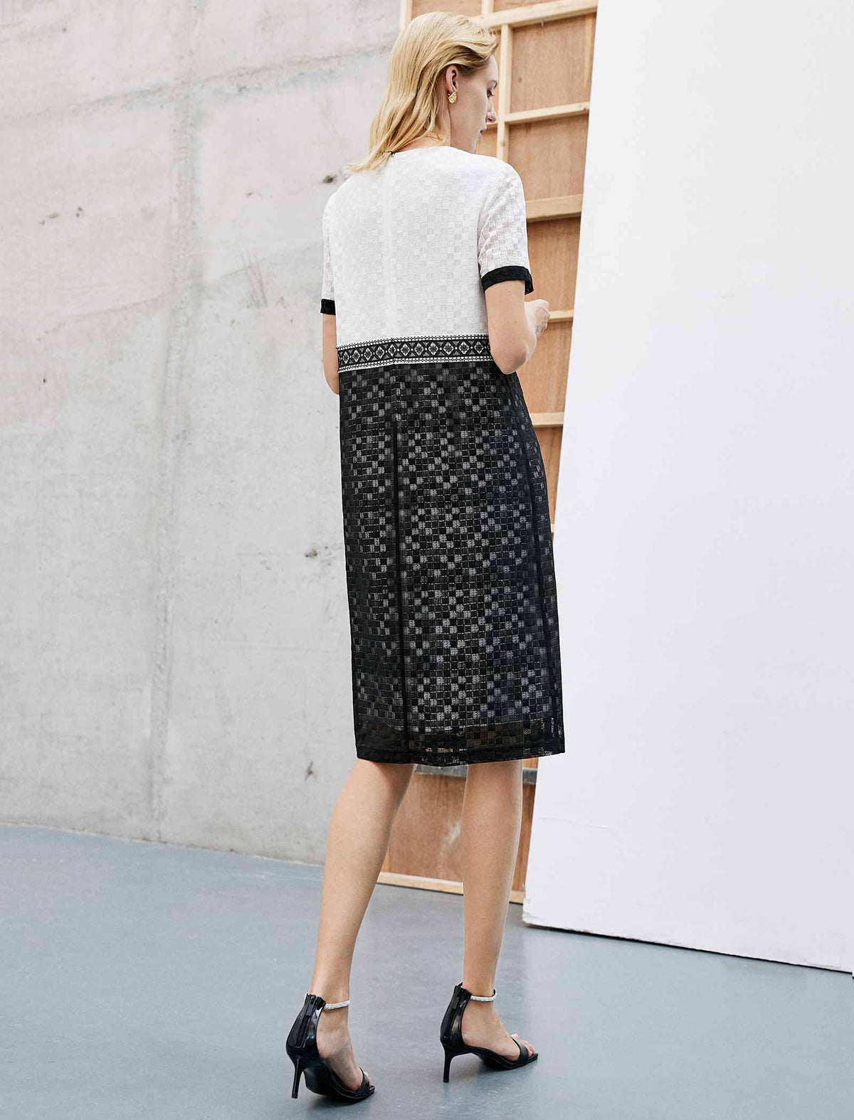 Color-Block Lace Panel Straight Short Sleeve Dress