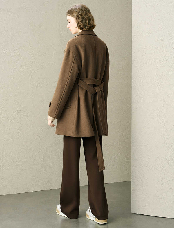 Wool-Blend Double-Breasted Lapel Collar Belted Coat