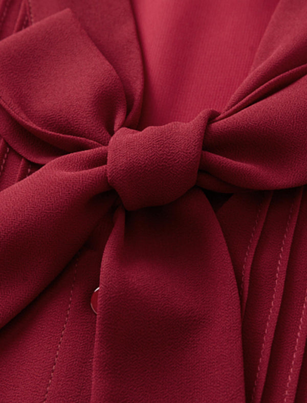 Wine-Red Bow Tie Professional Blouse
