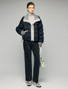 Textured-Trim Contrast-Collar Button-Front Puffer Jacket