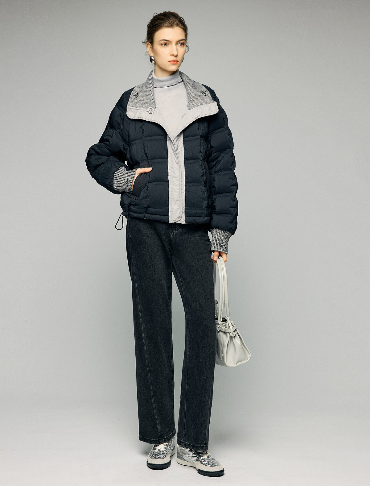Textured-Trim Contrast-Collar Button-Front Puffer Jacket