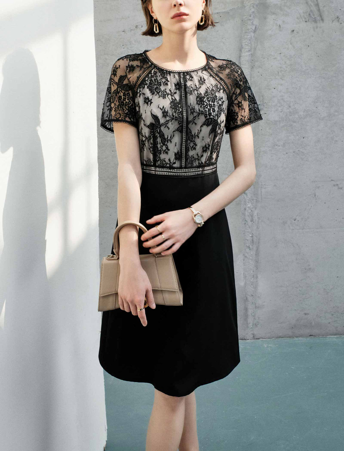 Lace Panel Waist-Cinched Fitted Dress