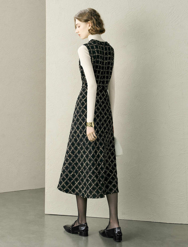 Tweed Check A-Line Sleeveless Midi Dress