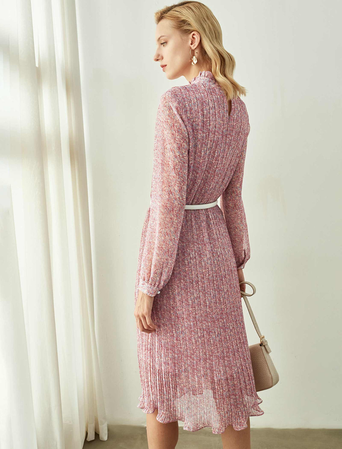 Blush Pink Textured Ruffled Neck Midi Dress