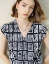 V-Neck Graphic Print Tencel Linen Relaxed Fit Top