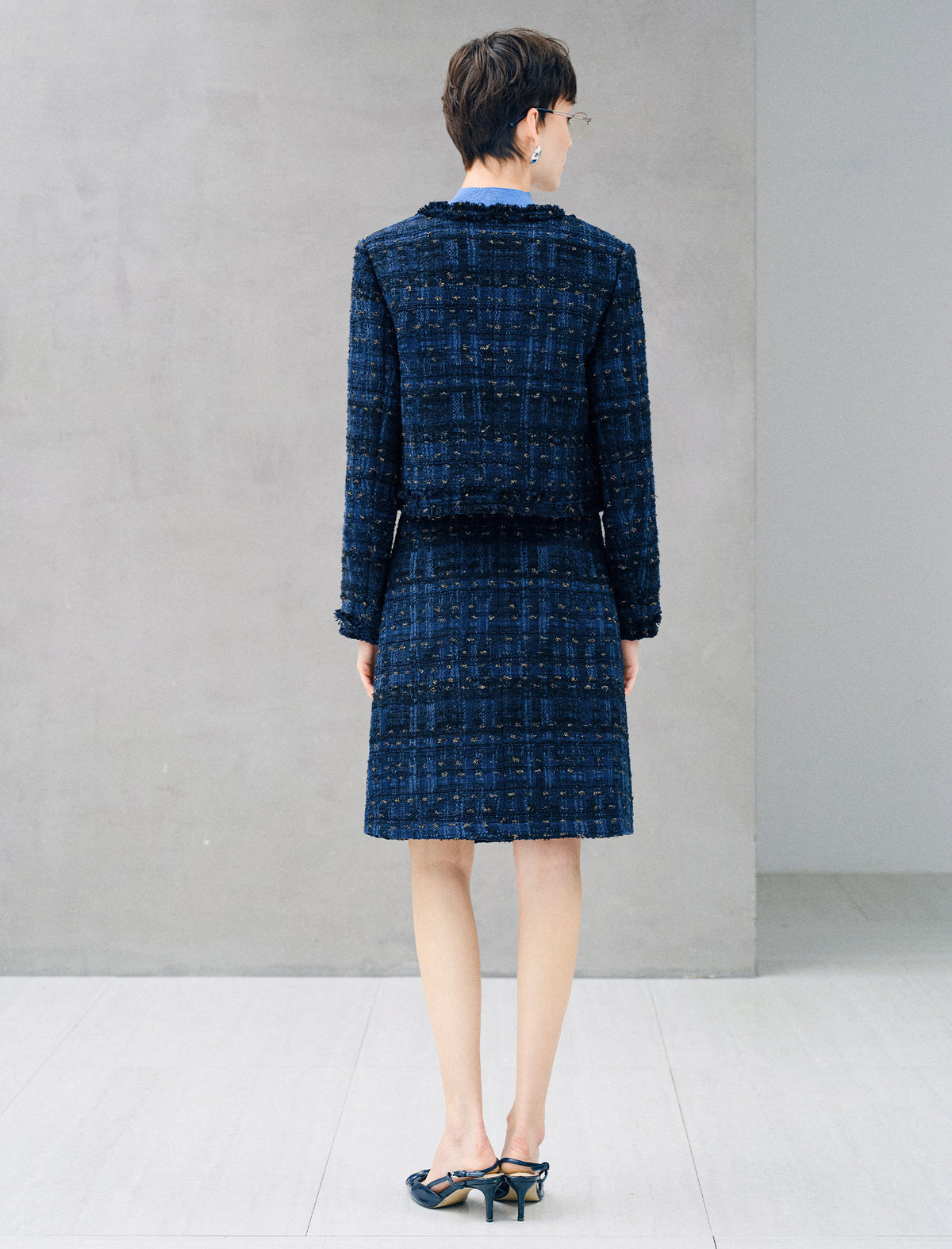 Metallic Thread Textured Round Neck Cropped Jacket