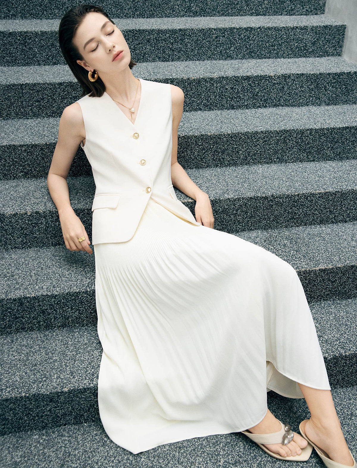 Pleated High-Waist Midi Skirt