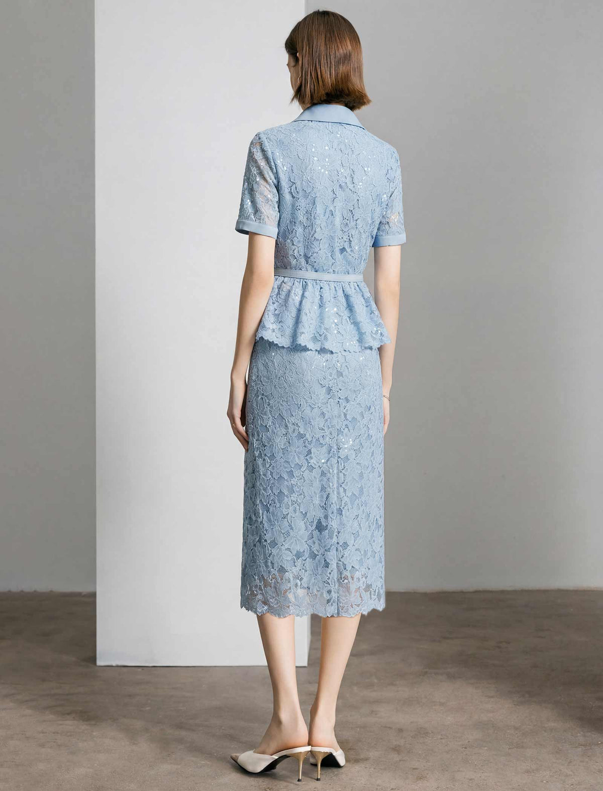 Light Blue Lace Peplum Button-Down Blouse