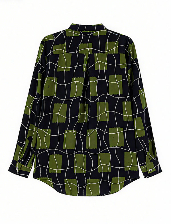 100% Mulberry Silk Green Grid Print Button-Down Shirt