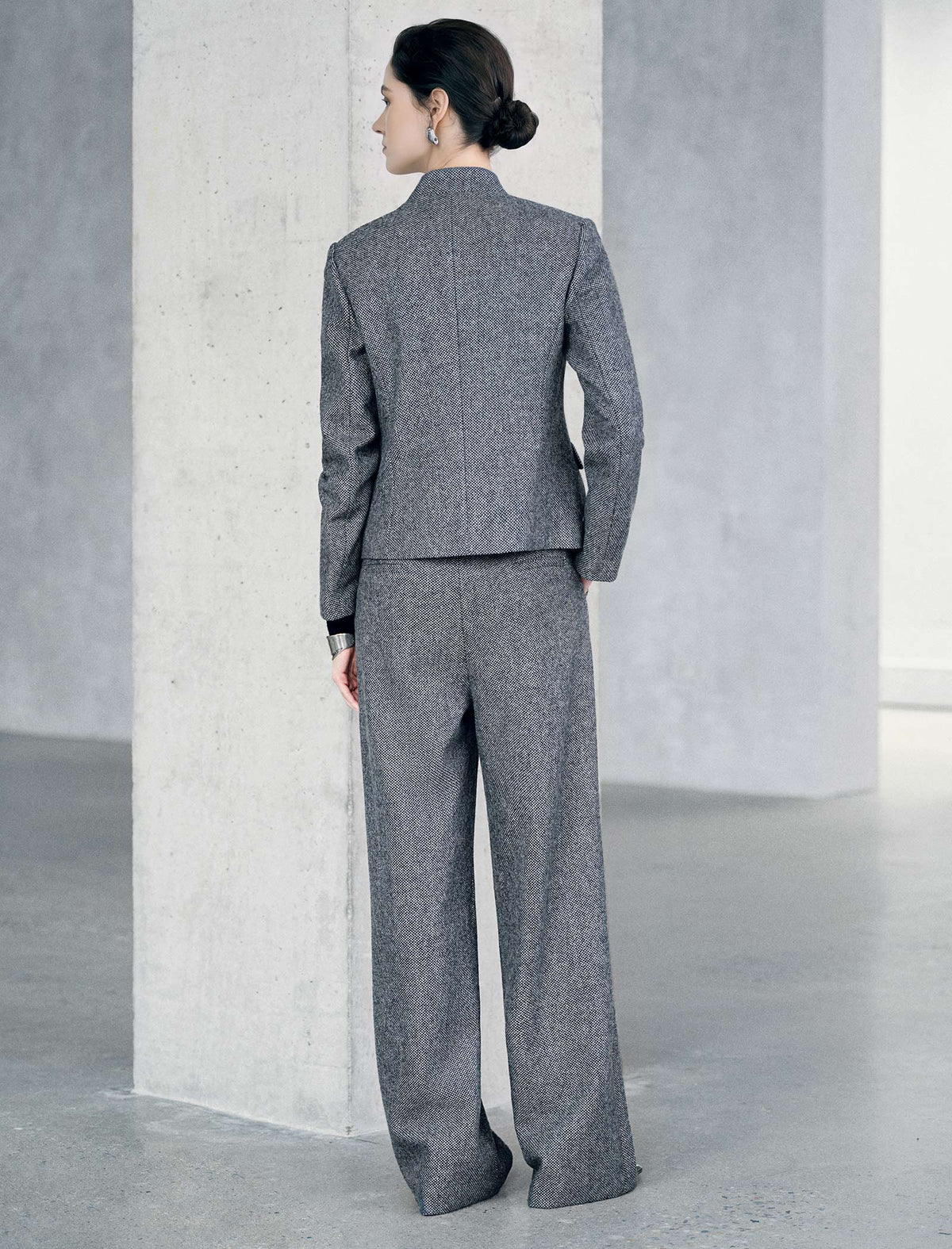 Wool Blend Mandarin Collar Cropped Jacket