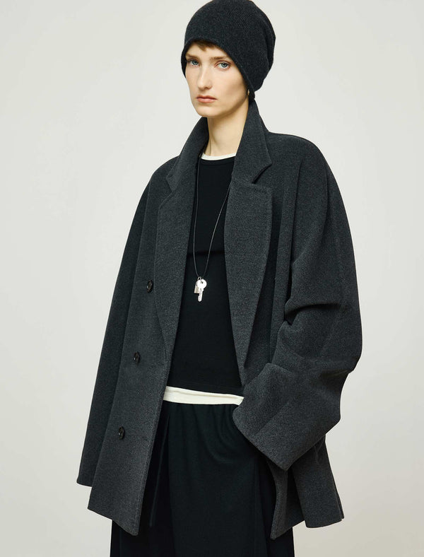 Wool-Cashmere Blend Double-Breasted Short Coat