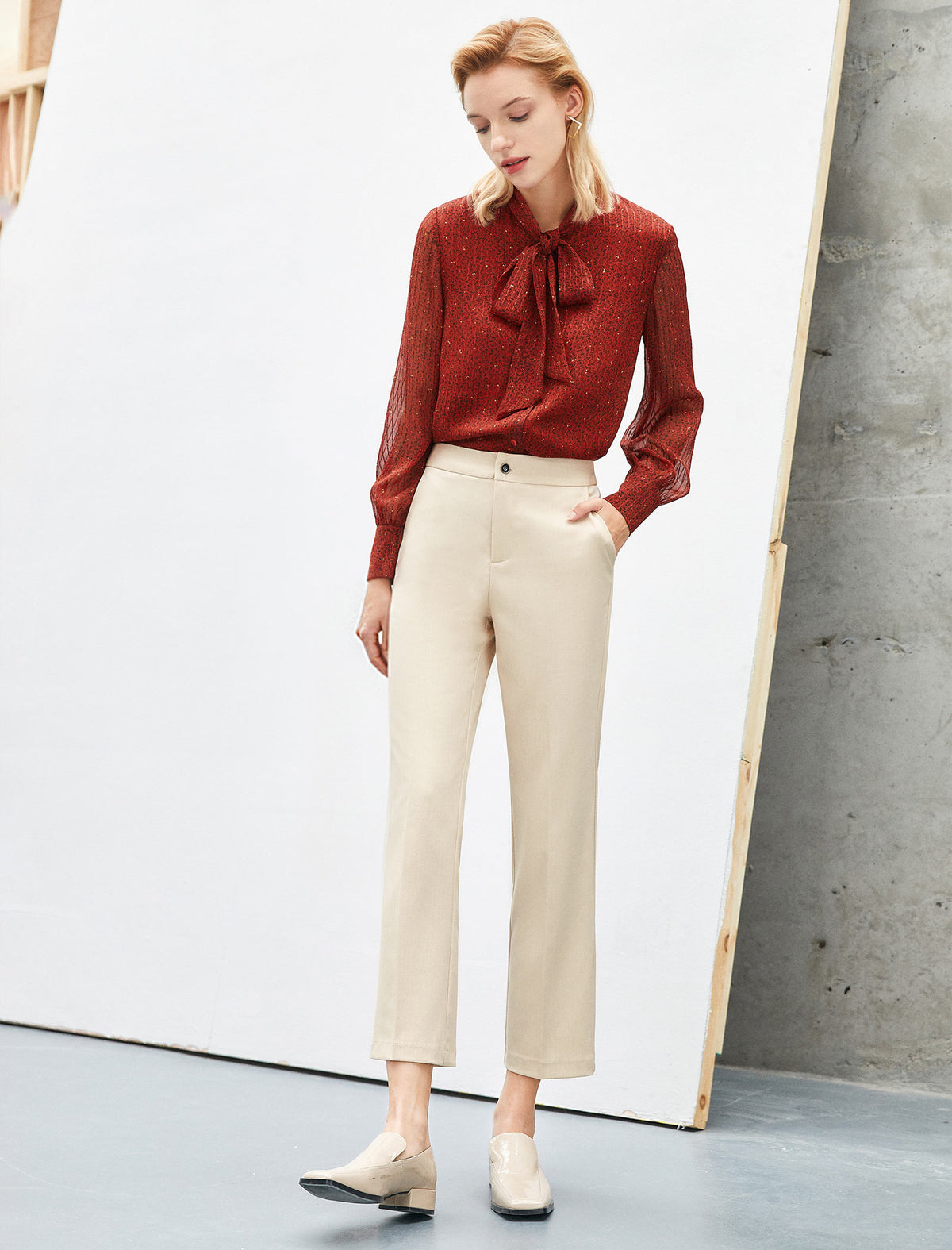 Rust Red Ditsy Print Bow Neck Blouse