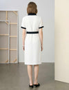 Contrast Collar Zip Front Belted Pencil Midi Office Dress