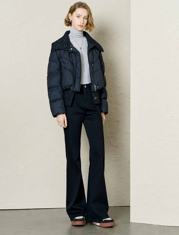 Knit-Collar Cropped Down Jacket