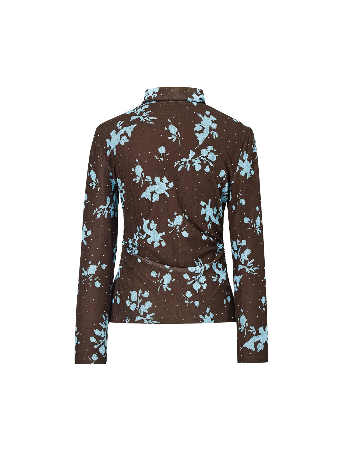 Floral Print Rhinestone Ruched Turtleneck Long Sleeve Top