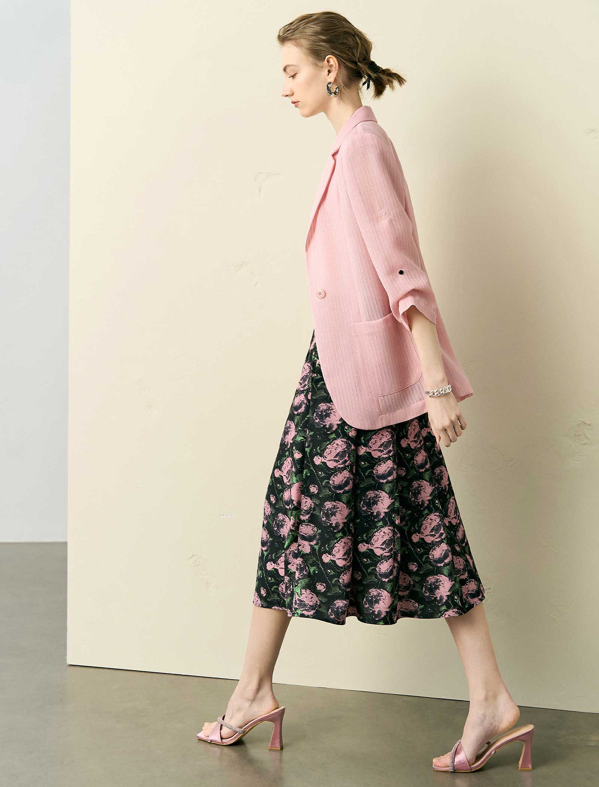 Vintage Rose Print Flare Midi Skirt